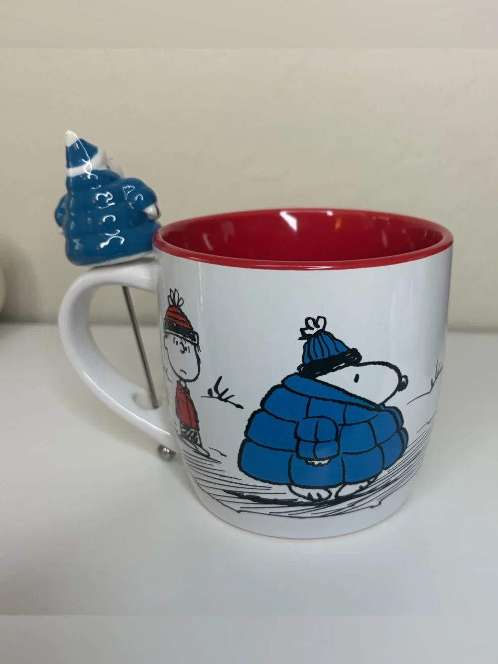 Peanuts Snoopy Woodstock Blue Puffer Jacket Winter Coffee Mug 2025 w/Stir